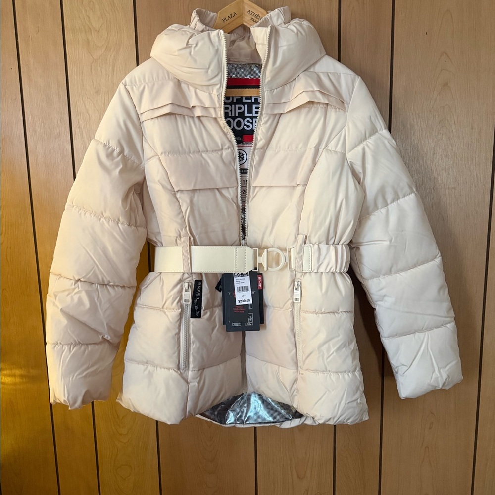 Cream Puffer Jacket with Belt
